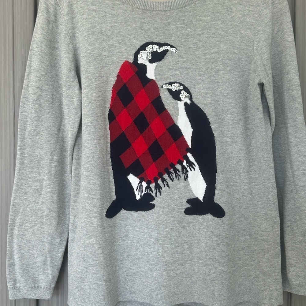 Buffalo Plaid Penguin Sweater Sequins Holiday Christmas Festive Stretchy Sz M - Picture 3 of 9